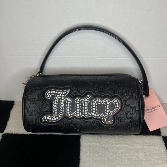 Juicy Couture Handbags - Juicy Couture Black Barrel Shoulder Bag Rhinestone Pearl Logo & Chain Strap